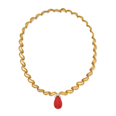 View full screen - View 1 of Lot 104. Gold, Coral and Diamond Necklace.