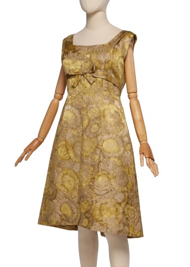 View full screen - View 1 of Lot 55. Haute Couture Chartreuse Chine Satin Cocktail Dress, 1960s.