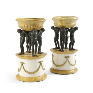 View full screen - View 1 of Lot 387. A pair of Italian neoclassical style marble and patinated bronze tazze.