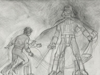 View full screen - View 1 of Lot 76. RETURN OF THE JEDI, CONCEPT FILM POSTER ARTWORK, TOM JUNG, 1983 .