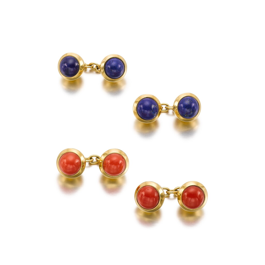 View full screen - View 1 of Lot 222. Two Pairs of Lapis Lazuli and Coral Cufflinks.