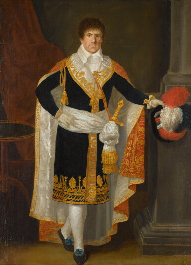 View full screen - View 1 of Lot 64. Portrait of a gentleman in fine uniform, full-length, standing by a column.