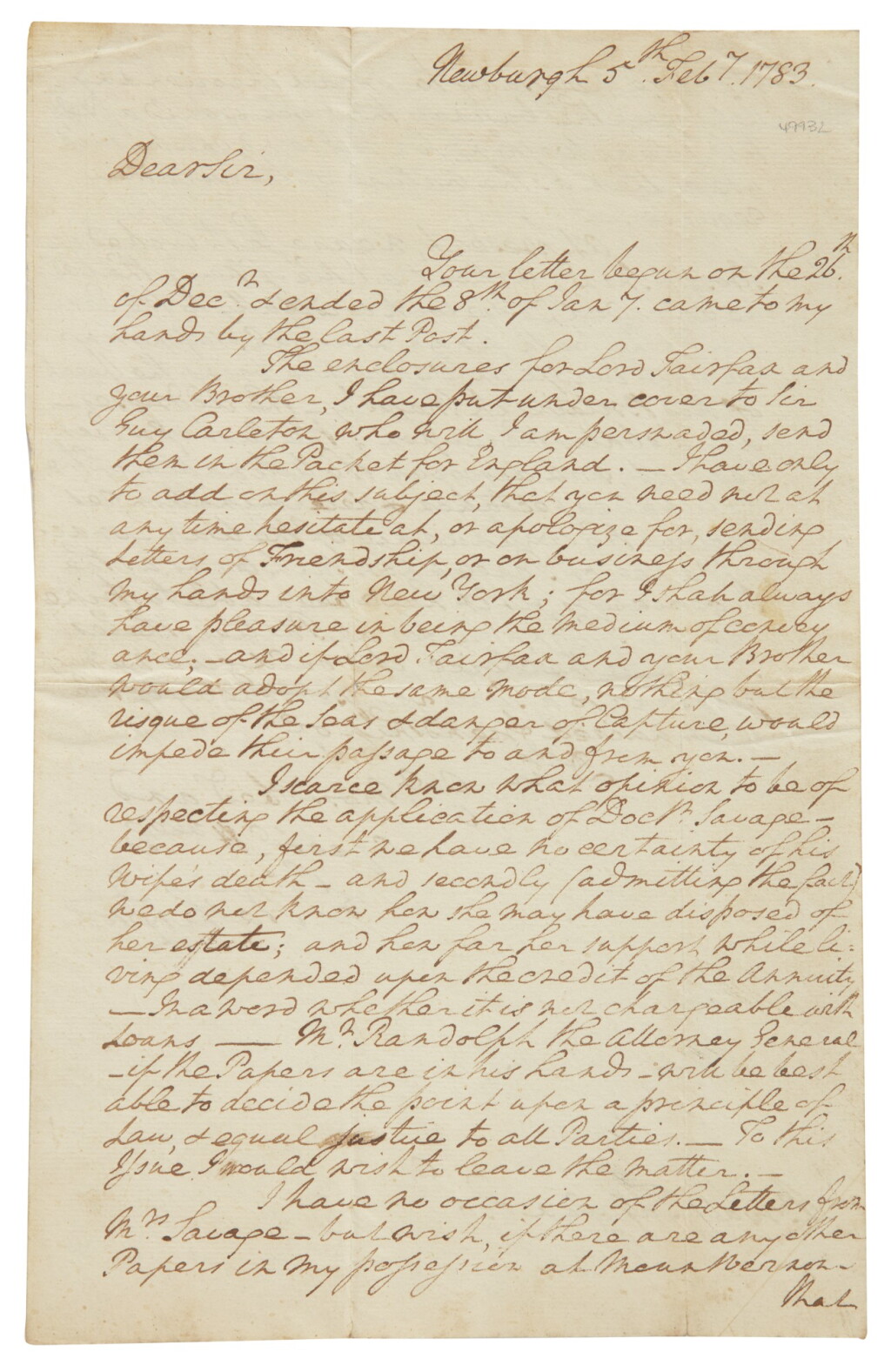 View full screen - View 1 of Lot 111. WASHINGTON, GEORGE | Autograph letter signed ("Go: Washington") as Continental Commander to Bryan Fairfax, hoping for good news regarding the peace negotiations to end the Revolutionary War—not knowing the preliminary articles of peace had been signed two weeks earlier.