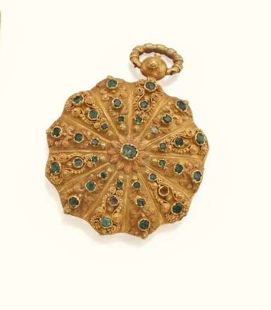 View full screen - View 1 of Lot 6. A SWISS GOLD, EMERALD, AND ENAMEL OPENFACE WATCH, MOULINIE FRERES & CO., GENEVA, CIRCA 1830.