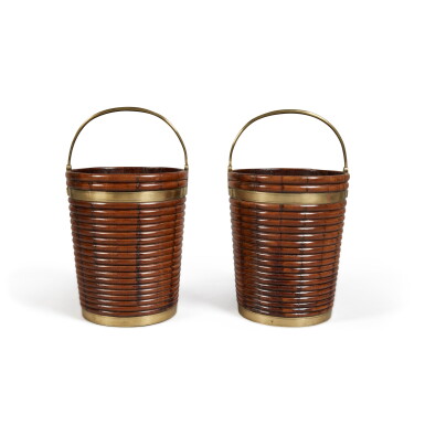View full screen - View 1 of Lot 22. A Pair of Irish George III Brass-Bound Mahogany Peat Buckets, Early 19th Century.