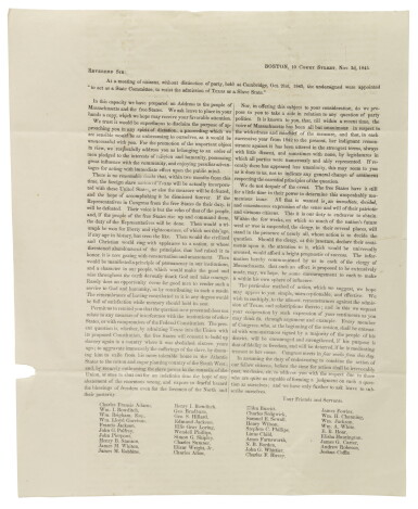 View full screen - View 1 of Lot 92. (TEXAS) | A broadside circular announcing formation of a Massachusetts State Committee to resist the admission of Texas as a Slave State. Boston, 10 Court Street: 3 November 1845.