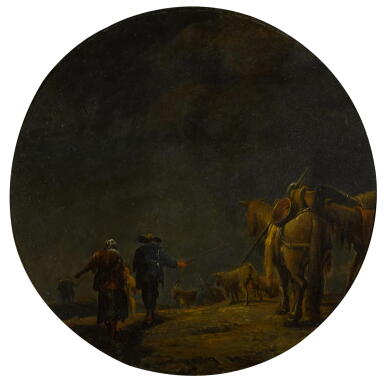View full screen - View 1 of Lot 31. LEONARD BRAMER | A moonlit landscape with drovers and their pack of mules.