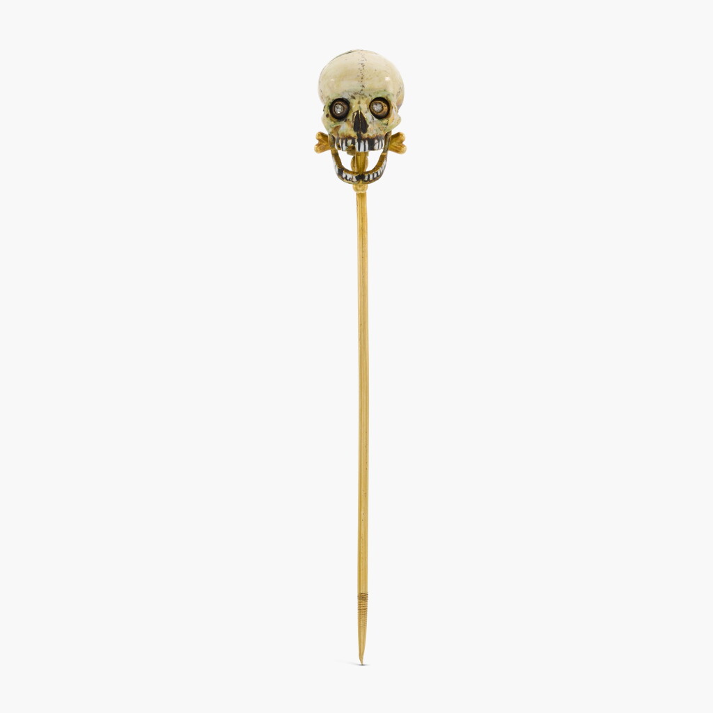View full screen - View 1 of Lot 87. Gold, Enamel and Diamond Skull Stickpin.
