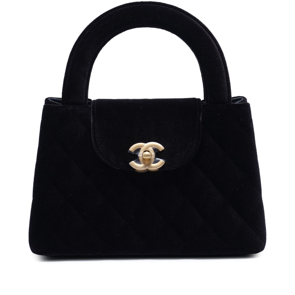 View full screen - View 1 of Lot 102. Black Velvet Mini Kelly Shopper Brushed Gold Hardware.