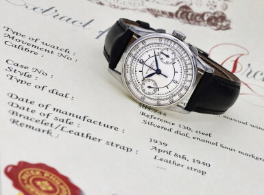 View full screen - View 1 of Lot 356. Reference 130 | A stainless steel chronograph wristwatch with a sector dial, Made in 1939.