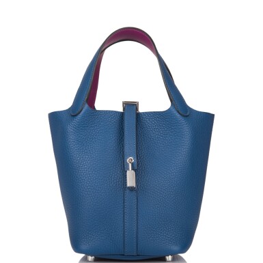 View full screen - View 1 of Lot 8. Hermès Deep Blue and Anemone Picotin Lock 18cm of Clemence Leather with Palladium Hardware.