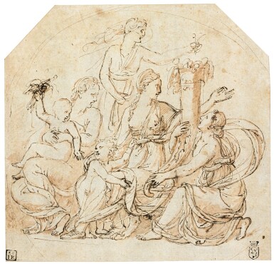 View full screen - View 1 of Lot 9. An Allegory of Abundance in a drawn circle.