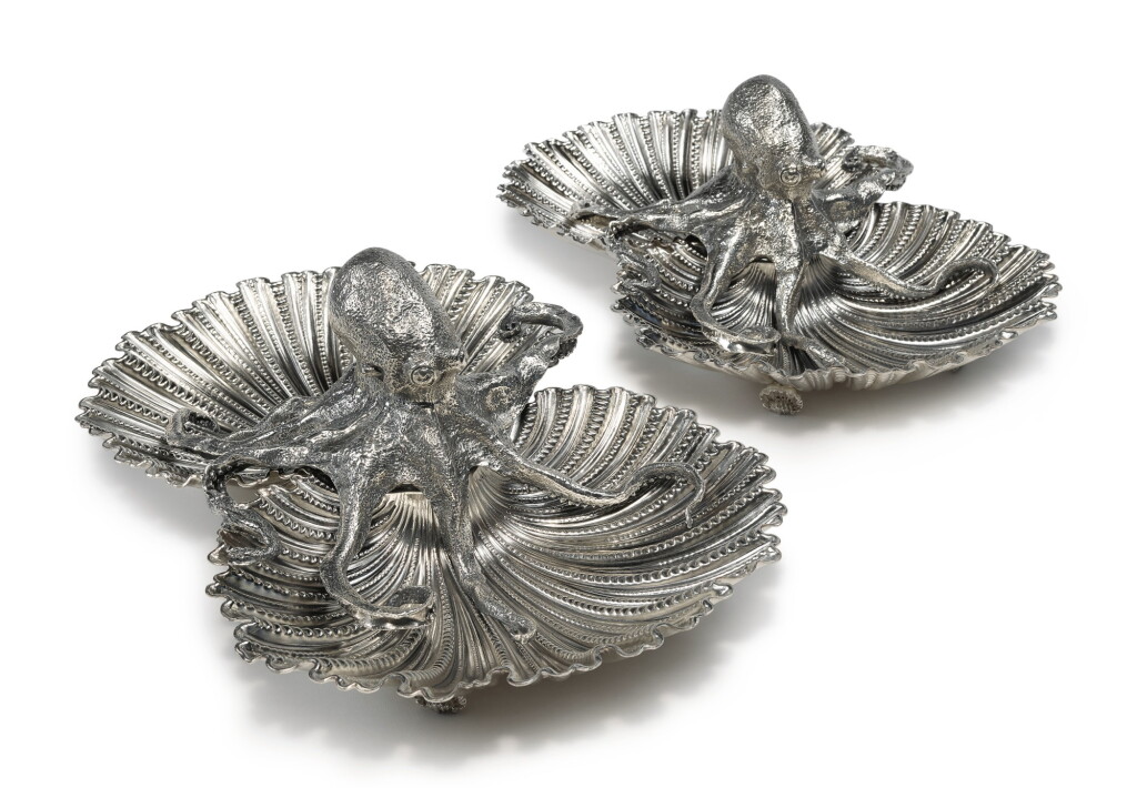View full screen - View 1 of Lot 464. A Pair of Italian Silver Octopus Dishes, Buccellati, Milan, Late 20th Century.