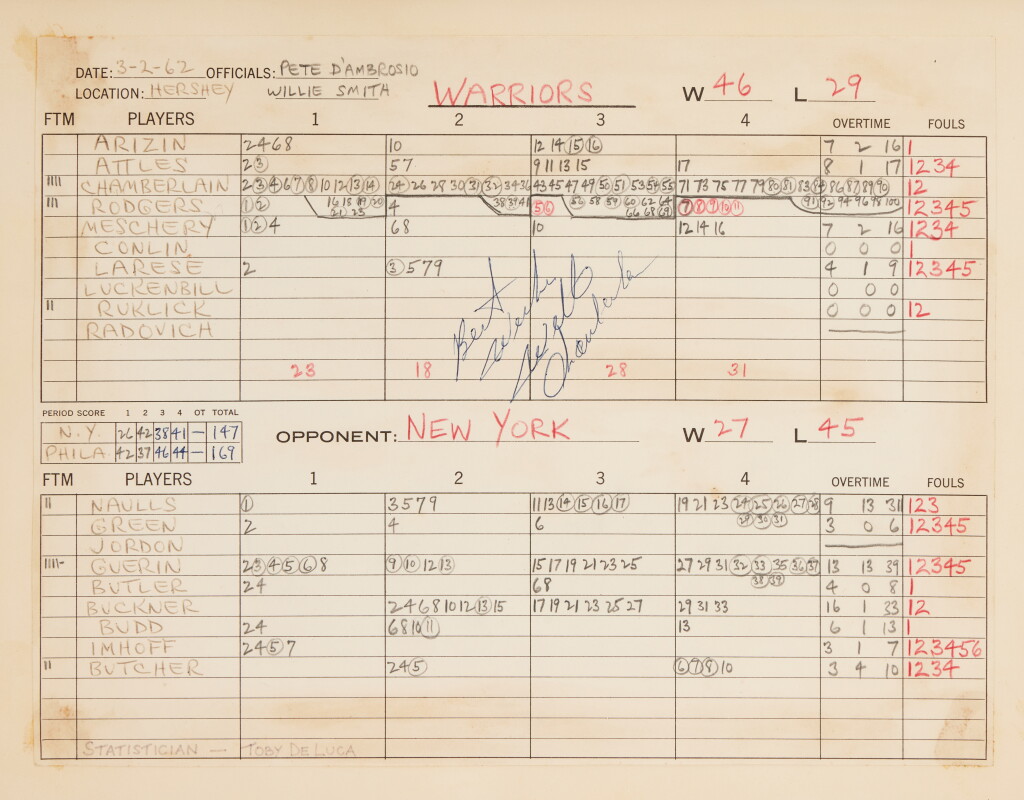 View full screen - View 1 of Lot 7. Wilt Chamberlain ‘100 Point Game’ Philadelphia Warriors 1961-1962 Signed and Inscribed Scorers Sheet | NBA Record For Most Points Scored In A Game | Most Made Field Goals In A Game .