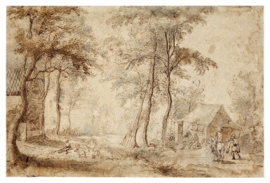 View full screen - View 1 of Lot 139. Hunters by a hut in a landscape.