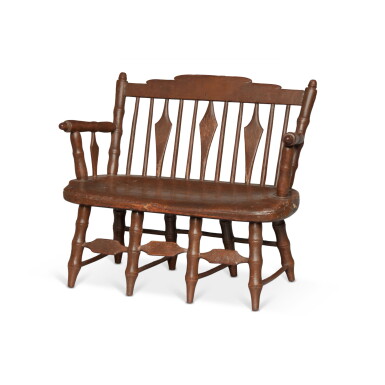 View full screen - View 1 of Lot 200. Very Rare Miniature Mahogany-Painted Arrow-Back Windsor Settee, Pennsylvania, Circa 1815.