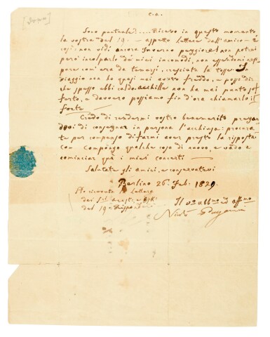 View full screen - View 1 of Lot 212. N. Paganini, Letter signed, 26 February 1829.