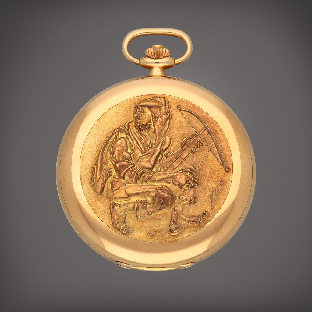 View full screen - View 1 of Lot 280. Retailed by Gübelin: 'William Tell', Reference 898J | A limited edition yellow gold hunting cased keyless watch | Circa 1979.