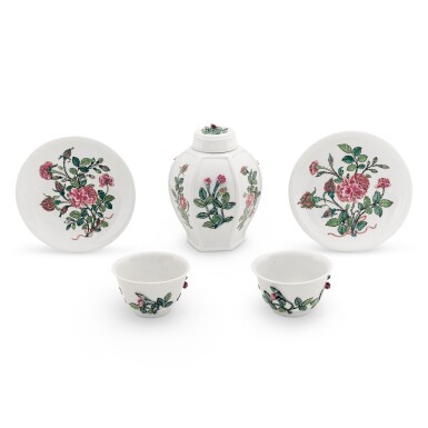 View full screen - View 1 of Lot 66. An early Meissen Dutch-decorated hexagonal tea canister and cover and a pair of teabowls and saucers, the porcelain circa 1715-20, the decoration circa 1730-40.