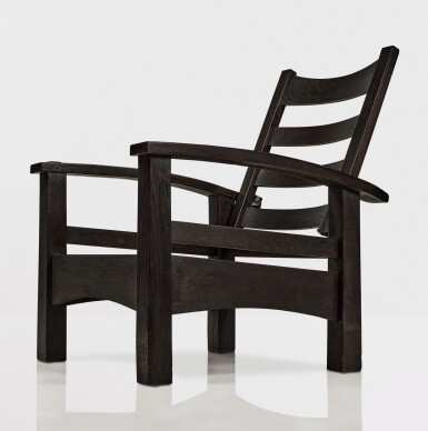 View full screen - View 1 of Lot 261. GUSTAV STICKLEY | A RARE REVERSE-TAPERED BOW-ARM "MORRIS" CHAIR, MODEL NO. 2340.