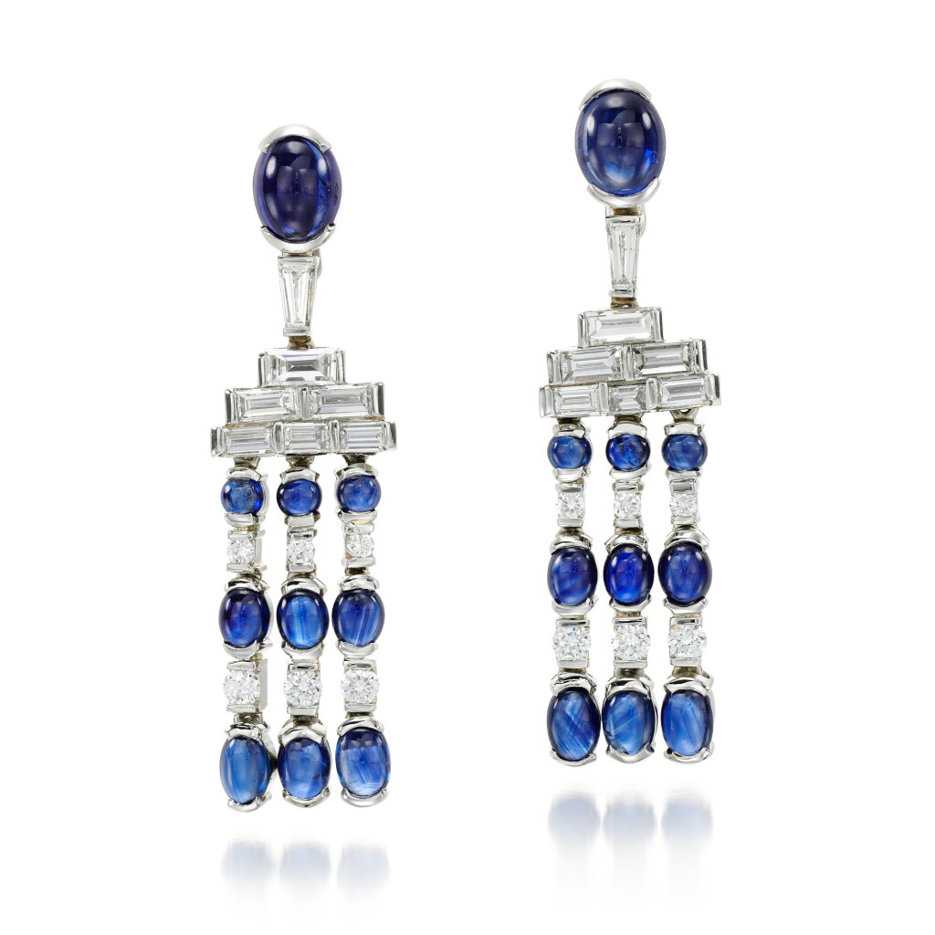 View full screen - View 1 of Lot 81. PAIR OF SAPPHIRE AND DIAMOND EARRINGS.