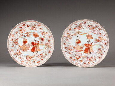 View full screen - View 1 of Lot 190. Two iron-red and gilt-decorated 'ladies' dishes, Qing dynasty, Kangxi period | 清康熙 礬紅彩描金仕女圖盤 一組两件.