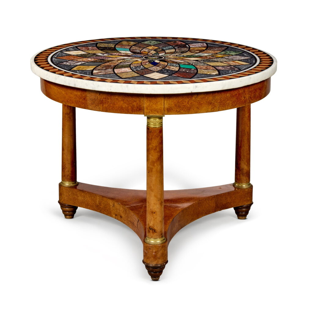 View full screen - View 1 of Lot 161. A Charles X Gilt-Bronze Mounted Amboyna Center Table With Italian Grand Tour Micromosaic Inlaid Specimen Marble Top, Circa 1830.