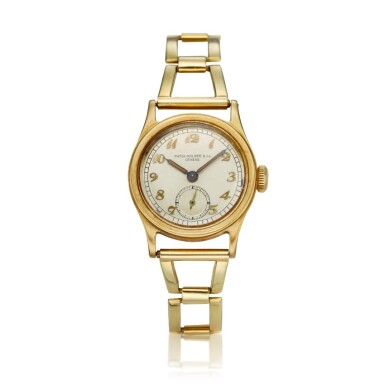 View full screen - View 1 of Lot 48. Reference 438 | A yellow gold wristwatch with Breguet numerals, Made in 1943 | 百達翡麗 438 | 型號黃金腕錶配寶璣式數字時標,1943年製.