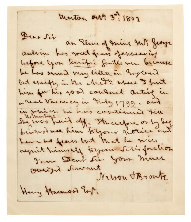 View full screen - View 1 of Lot 282. Horatio Nelson | Autograph letter signed to Harry Harwood, 3 October 1802.