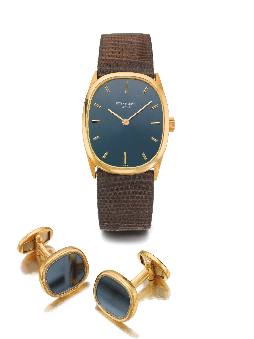 View full screen - View 1 of Lot 173. PATEK PHILIPPE | REF 3546 ELLIPSE, A YELLOW GOLD WRISTWATCH WITH MATCHING CUFF LINKS MADE IN 1968.