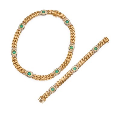 View full screen - View 1 of Lot 451. Gold, Tourmaline and Diamond Necklace and Bracelet.