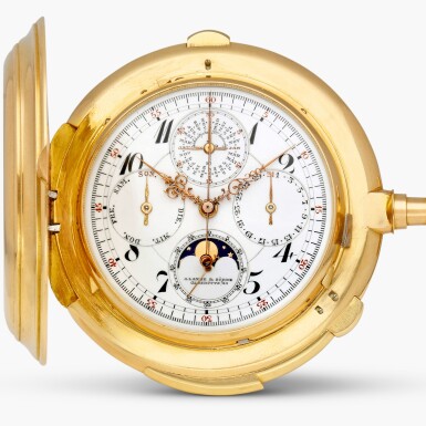 View full screen - View 1 of Lot 32. Triple Complication | A very fine and rare gold hunting cased keyless lever perpetual calendar minute repeating double chronograph watch with register, moon phases and original certificate, spare glasses, springs and presentation box, No. 82003 | Circa 1928.