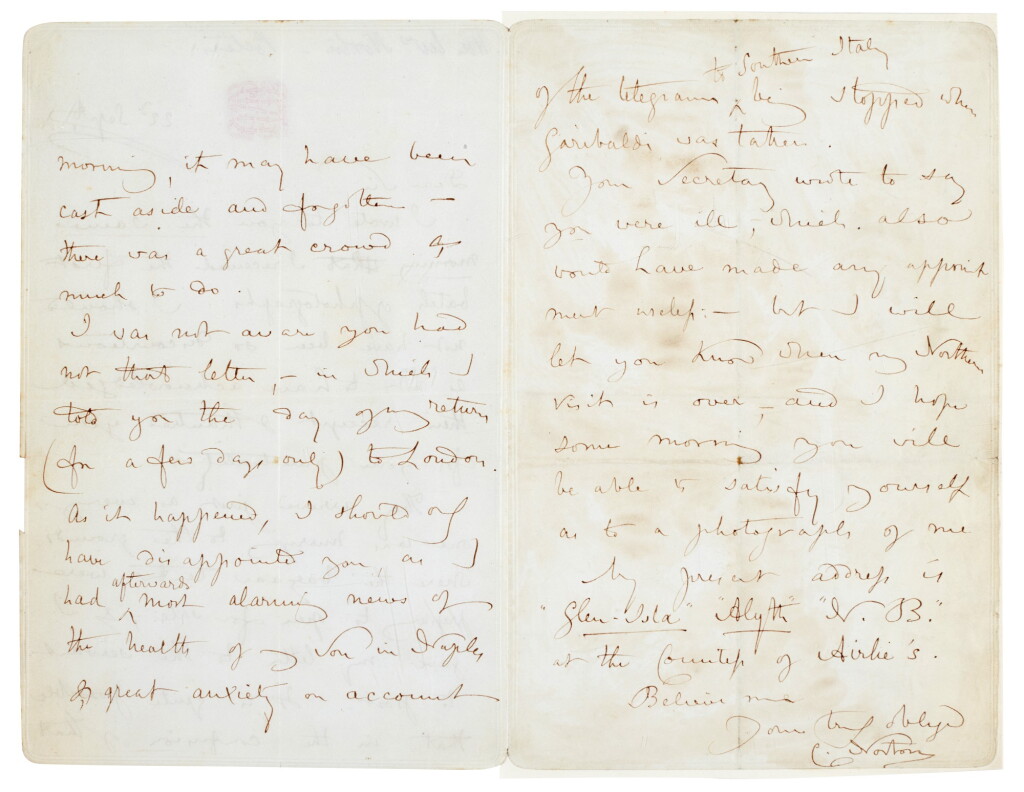 View full screen - View 1 of Lot 109. Caroline Norton | Two autograph letters signed, to John Watkins, with a photographic portrait.
