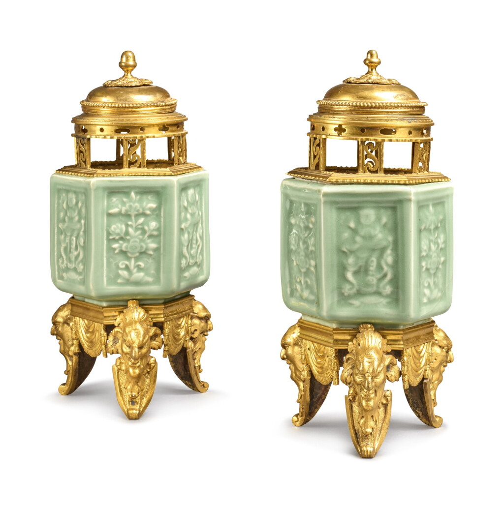 View full screen - View 1 of Lot 66. A Pair of Gilt Bronze-Mounted Longquan-Type Celdaon Hexagonal Vases, the Porcelain Qing Dynasty or Earlier, the Mounts Circa 1830.