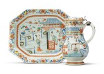 A Chinese Export Famille-Rose Silver-Mounted Ewer and Cover and Chamfered Rectangular Basin Qing Dynasty, Qianlong period, 1735-40 | 清乾隆 1735-40年 粉彩仕女庭院圖蓋壺連八方大盆