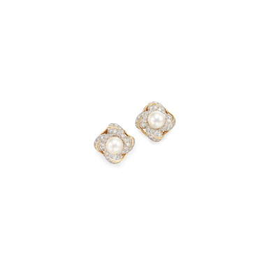 View full screen - View 1 of Lot 297. PAIR OF CULTURED PEARL AND DIAMOND EARCLIPS, SCHLUMBERGER FOR TIFFANY & CO..