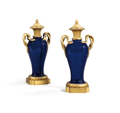 View full screen - View 1 of Lot 420. A pair of Louis XVI style gilt-bronze-mounted powder blue Chinese porcelain vases, late 19th century.