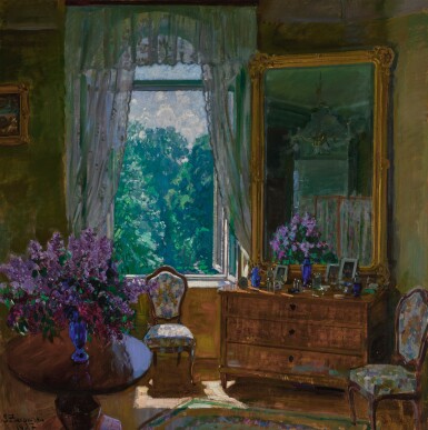 View full screen - View 1 of Lot 43. STANISLAV YULIANOVICH ZHUKOVSKY | INTERIOR WITH LILACS.
