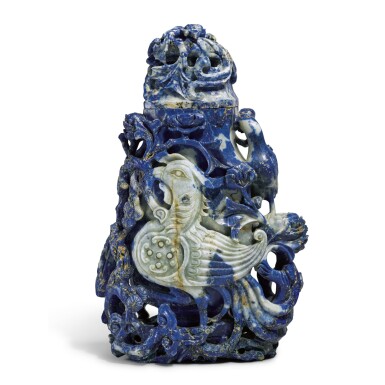 View full screen - View 1 of Lot 936. A LARGE 'LAPIS LAZULI' OPENWORK 'PHOENIX AND LONGEVITY' VASE AND COVER, LATE QING DYNASTY.