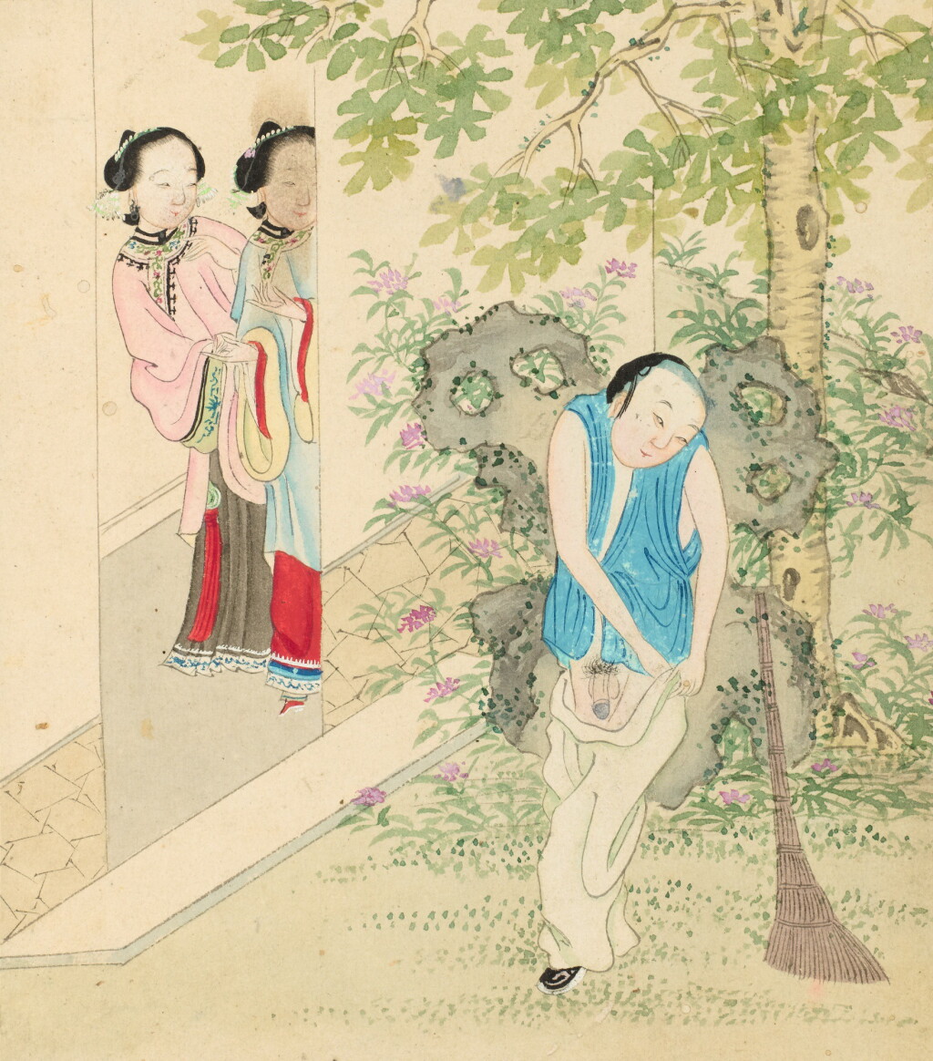 View full screen - View 1 of Lot 104. ENSEMBLE DE QUATRE ALBUMS DE PEINTURES ÉROTIQUES DYNASTIE QING, XIXE SIÈCLE | 清十九世紀 《春宮圖》 設色紙本 及 設色絹本 各兩冊 日本 《春宮圖》 設色紙本 一冊 | A group of four albums of erotic paintings, Qing Dynasty, 18th century.