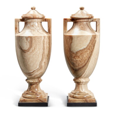 View full screen - View 1 of Lot 152. A Pair of Neoclassical Style Carved Alabaster Lidded Vases, Modern.