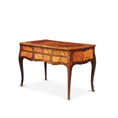 View full screen - View 1 of Lot 51. A Louis XV gilt-bronze mounted tulipwood, kingwood, amaranth and tainted wood marquetry "bureau coulissant", circa 1750, stamped by Jean-Baptiste Tuart | Bureau coulissant en marqueterie de bois de rose, de bois de violette, amarante, bois teinté et bronze doré d'époque Louis XV, vers 1750, estampille de Jean-Baptiste Tuart.