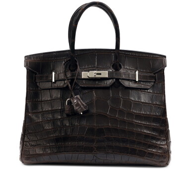 View full screen - View 1 of Lot 677. Ebène Matte Niloticus Crocodile Birkin 35 Palladium Hardware, 2002.