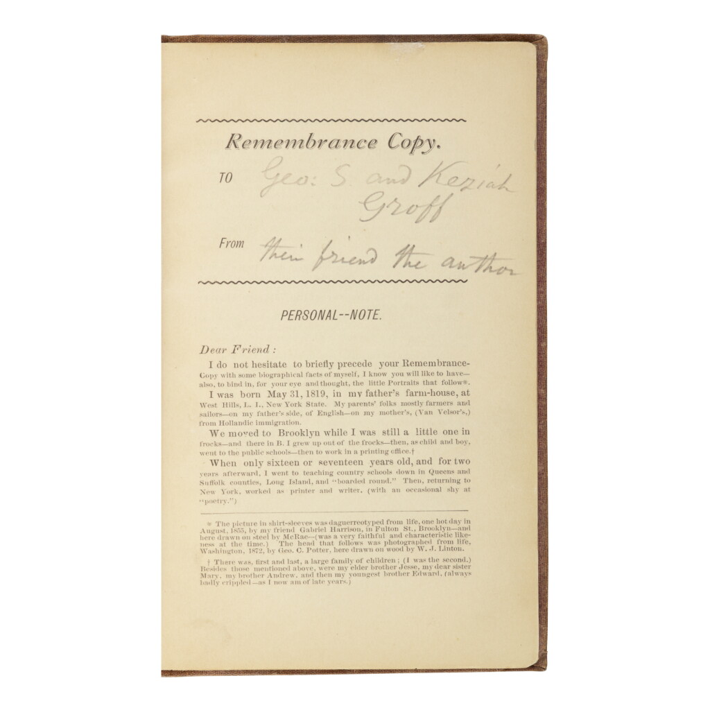 View full screen - View 1 of Lot 255. WHITMAN, WALT | Memoranda During the War. Camden: Printed for the Author, 1875-76.
