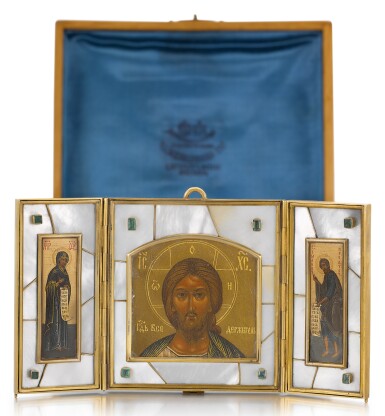 View full screen - View 1 of Lot 508. A GEM-SET SILVER-GILT AND MOTHER OF PEARL TRAVELLING TRIPTYCH ICON, OLOVYANISHNIKOV AND SONS, MOSCOW, 1908-1917.