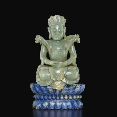 View full screen - View 1 of Lot 372. A rare celadon jade figure of a bodhisattva, Qing dynasty, 18th / 19th century | 連染色青金石蓮座.