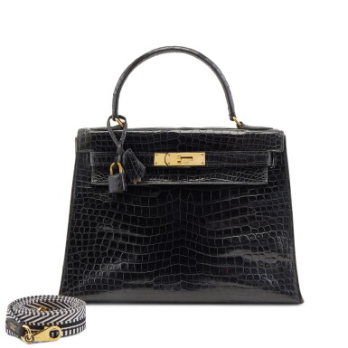 View full screen - View 1 of Lot 134. Vintage Black Shiny Crocodile Kelly 28 Sellier Gold Hardware, 1980s.