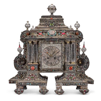 View full screen - View 1 of Lot 47. A turtleshell, silvered and jewelled table clock, probably Austro-Hungarian, early 18th century with a later associated movement and dial.