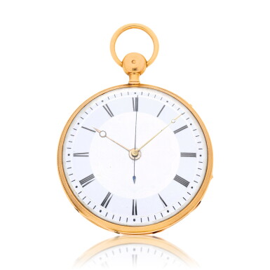 View full screen - View 1 of Lot 169. A gold quarter repeating two-train cylinder watch with independent jumping centre seconds and unusual textured enamel dial Circa 1820.