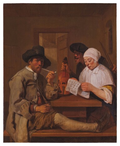 View full screen - View 1 of Lot 12. Interior with a Man Smoking a Pipe, a Woman Reading, and a Man with a Violin.
